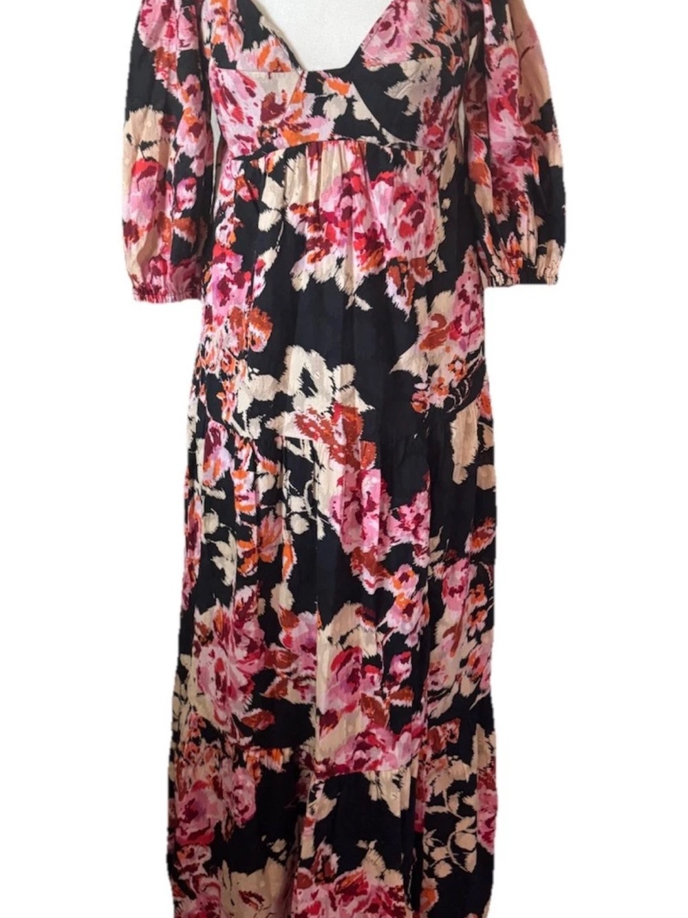 Anthropologie Somerset Floral Puff Sleeve Maxi Dress Black Pink Medium NWT - Picture 7 of 15